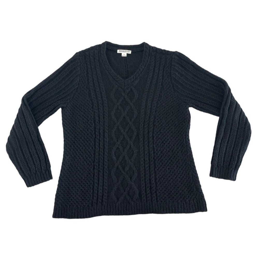 Pendleton Women's V-Neck Cableknit‎ Sweater Black Mohair Wool Size Medium